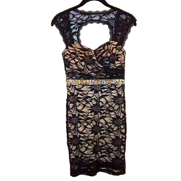 WINDSOR COLLECTIONS BLACK & NUDE LACE DRESS WITH CRYSTAL WAISTBAND - Picture 1 of 7